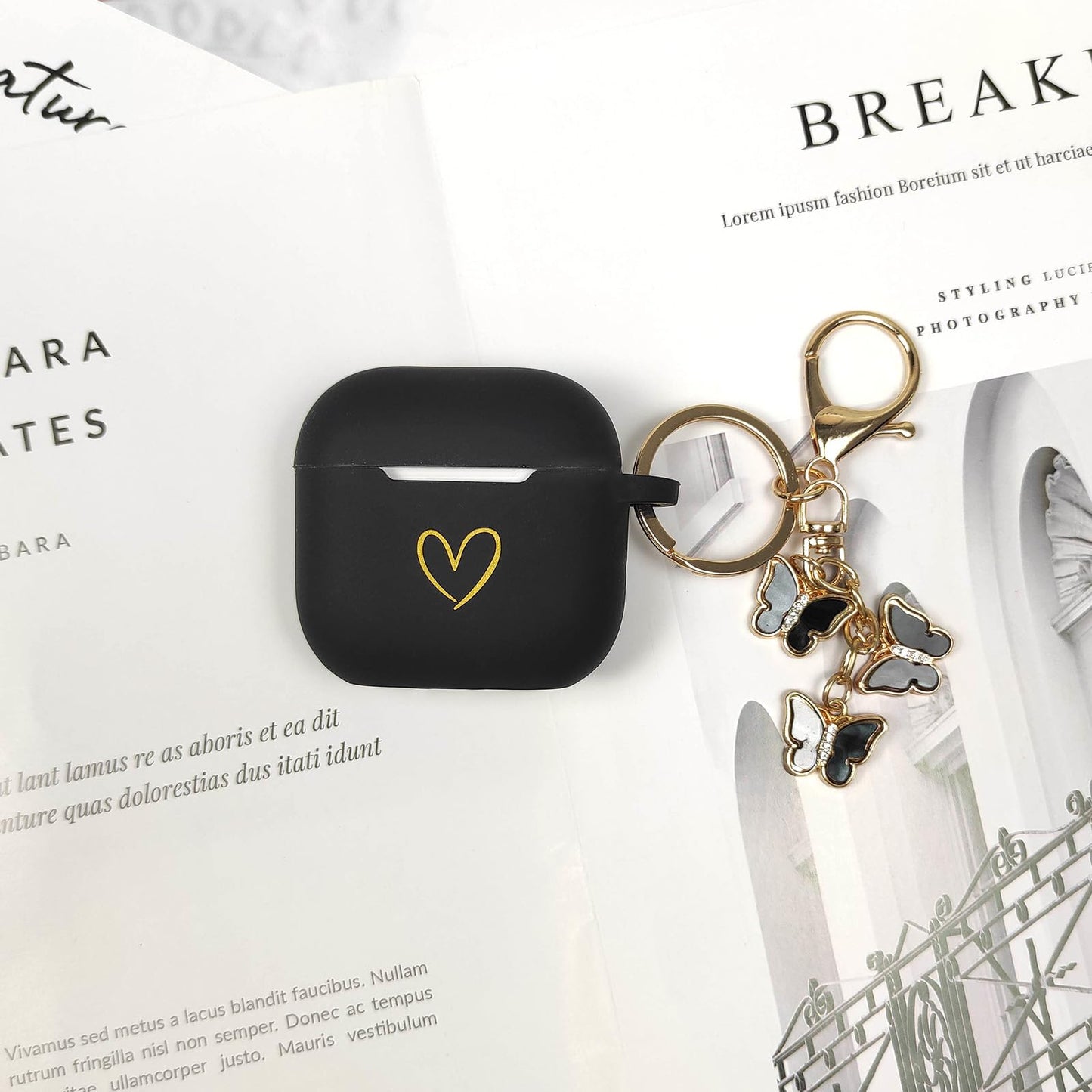 AIIEKZ Compatible AirPods 4 Case Cover, Soft Silicone Case with Gold Heart Pattern for AirPods 4th Generation with Cute Butterfly Keychain for Girls