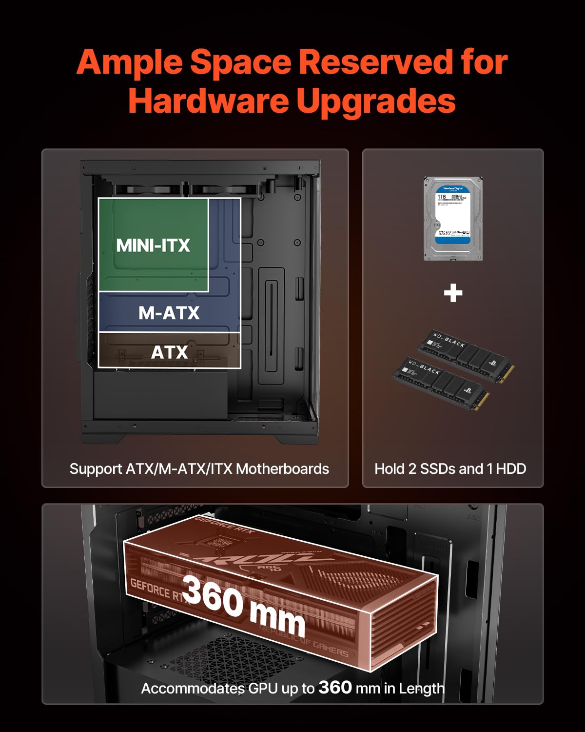 VEVOR PC Gaming Case, Mid-Tower, Computer Case with High-Airflow Tempered Glass Panel, Dust Filter, 2 x 120 mm Fans, Cable Management, for GPU up