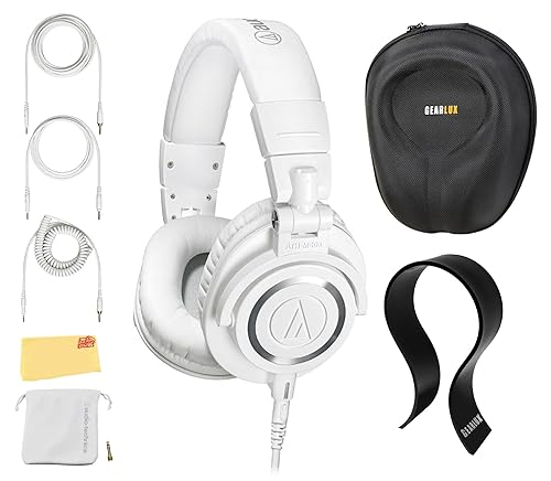 Audio-Technica ATH-M50x Professional Monitor Headphones - White Bundle with Case, Stand, and Austin Bazaar Polishing Cloth