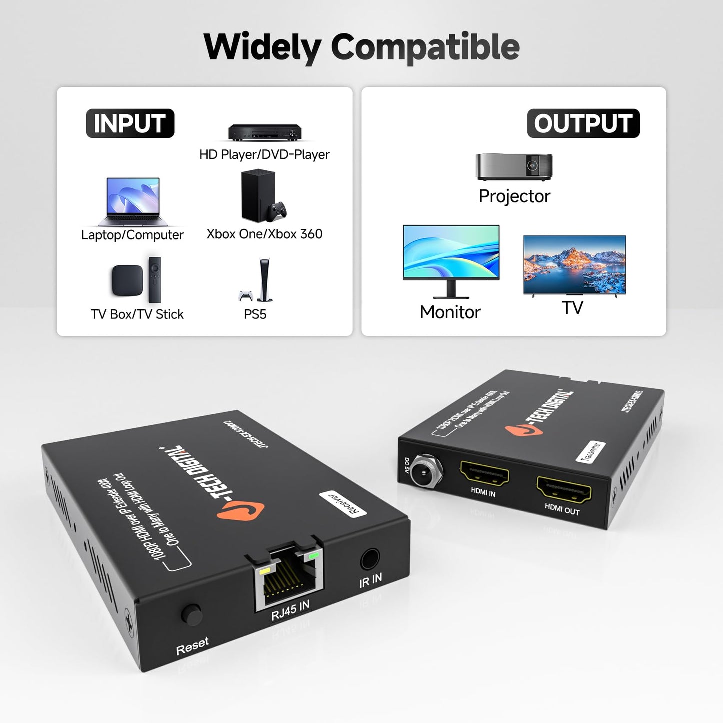 J-Tech Digital HDMI Extender Over Single Cat5e/6/7 1080P 60Hz Up to 400ft, Supports AV Over IP HDMI Extender Loop Out IR Control - Receiver Only
