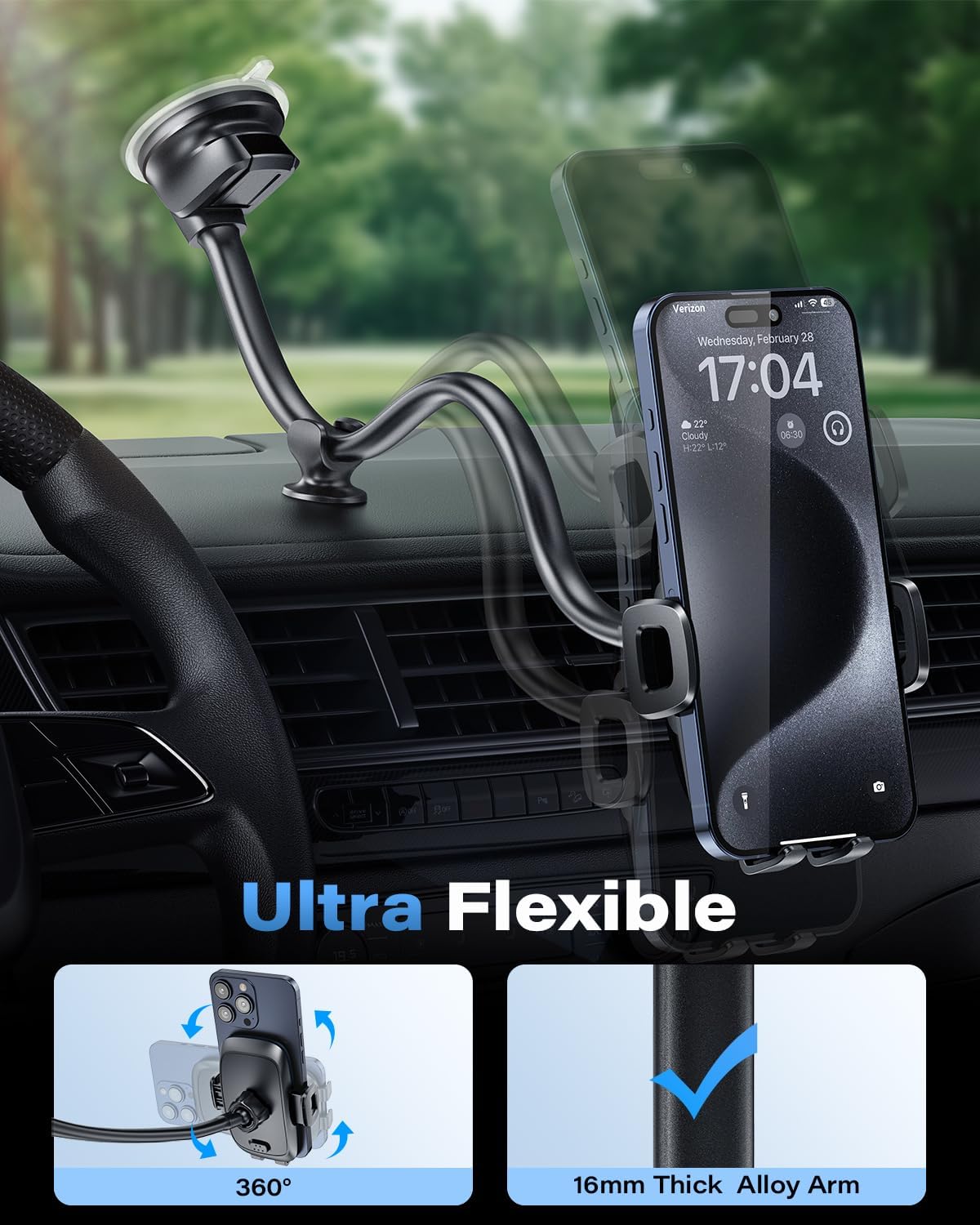 1Zero Solid Car Truck Phone Mount Holder with 14-Inch Gooseneck Long Arm, Windshield Window Mobile Holders w/Industrial-Strength Suction Cup