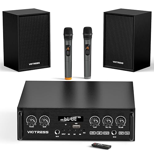 All-in-One 500W Power Amplifier for Home Audio, Bluetooth 5.0 with 2 HiFi Speaker&Wireless UHF Microphones, 2 Channel Stereo Amplifier Set