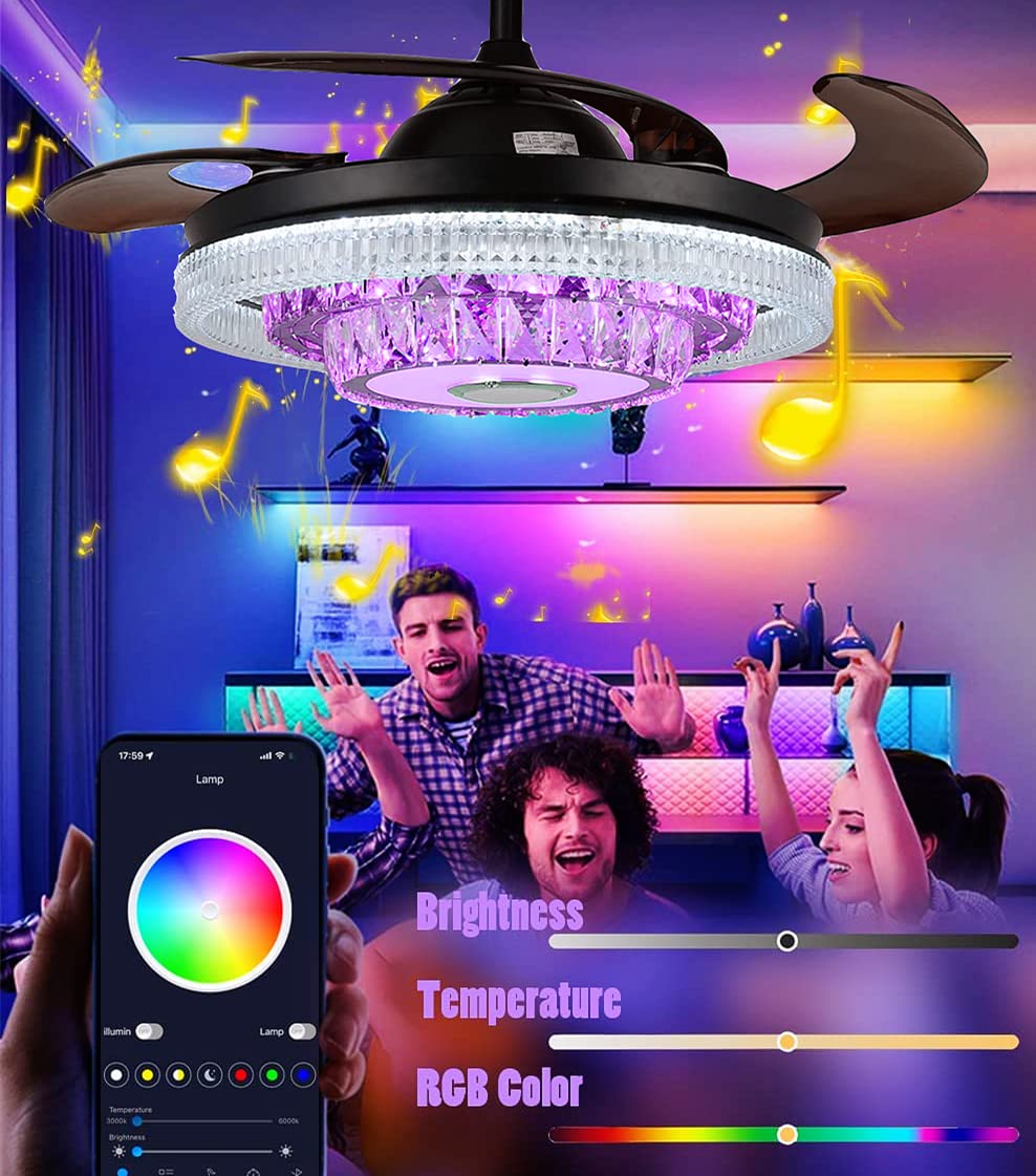 efperfect 42" Reversible Fandelier Ceiling Fan with Lights Bluetooth Speaker, Smart 7 Color Dimmable Crystal Chandelier with Remote Control, 6-Speeds