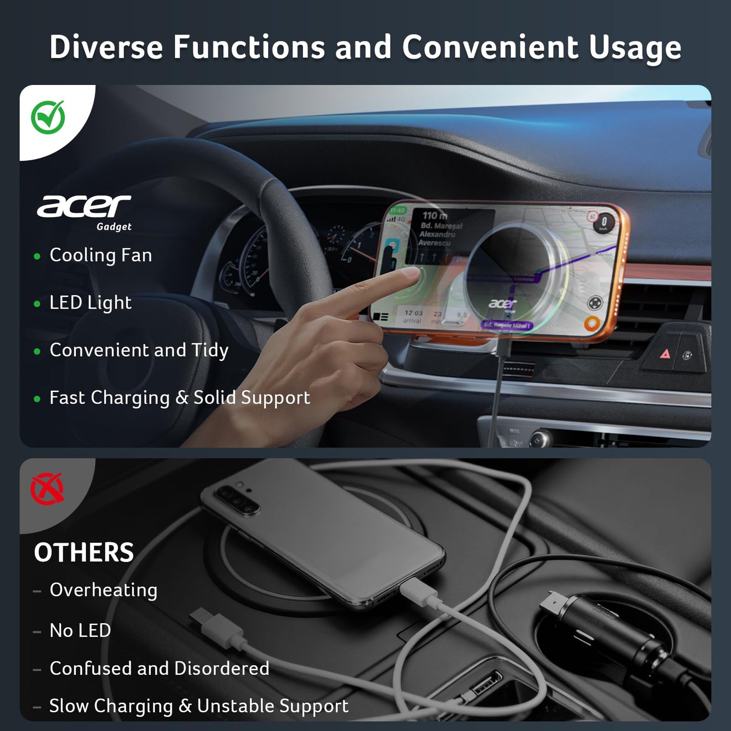 Acer Gadget 25W for MagSafe Car Mount Charger, Wireless Car Charger with Cooling Fan & Backlight, Vent Phone Mount with 45W Car Adapter, 360° Rotation