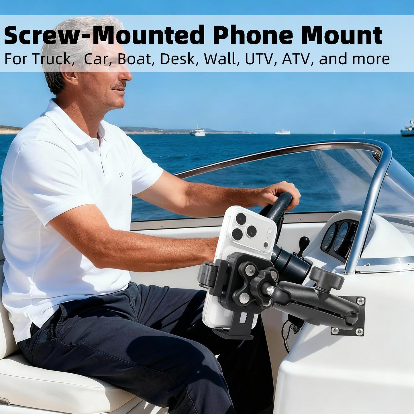 FPN Universal Phone Mount Holder for Car, Truck, Boat - Vibration Dampener, Aluminum AMPS Square Base, Medium Arm, 1s Quick Lock/Release, Camera