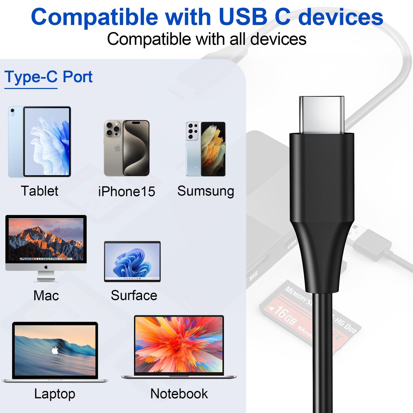 Sony Memory Stick pro Duo Adapter Reader - 8 in 1 SD/TF/MS/CF/XD Card Reader for USB-C Device, USB C Multi Memory Card Reader with 3 USB 2.0 Ports, XD