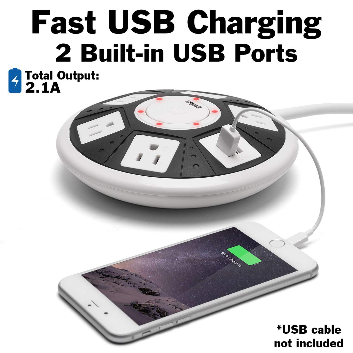 ETL Certified Round Power Strip - 5 Outlets with Surge Protection, 2 USB Charging Ports, and On/Off Button by EX ELECTRONIX EXPRESS