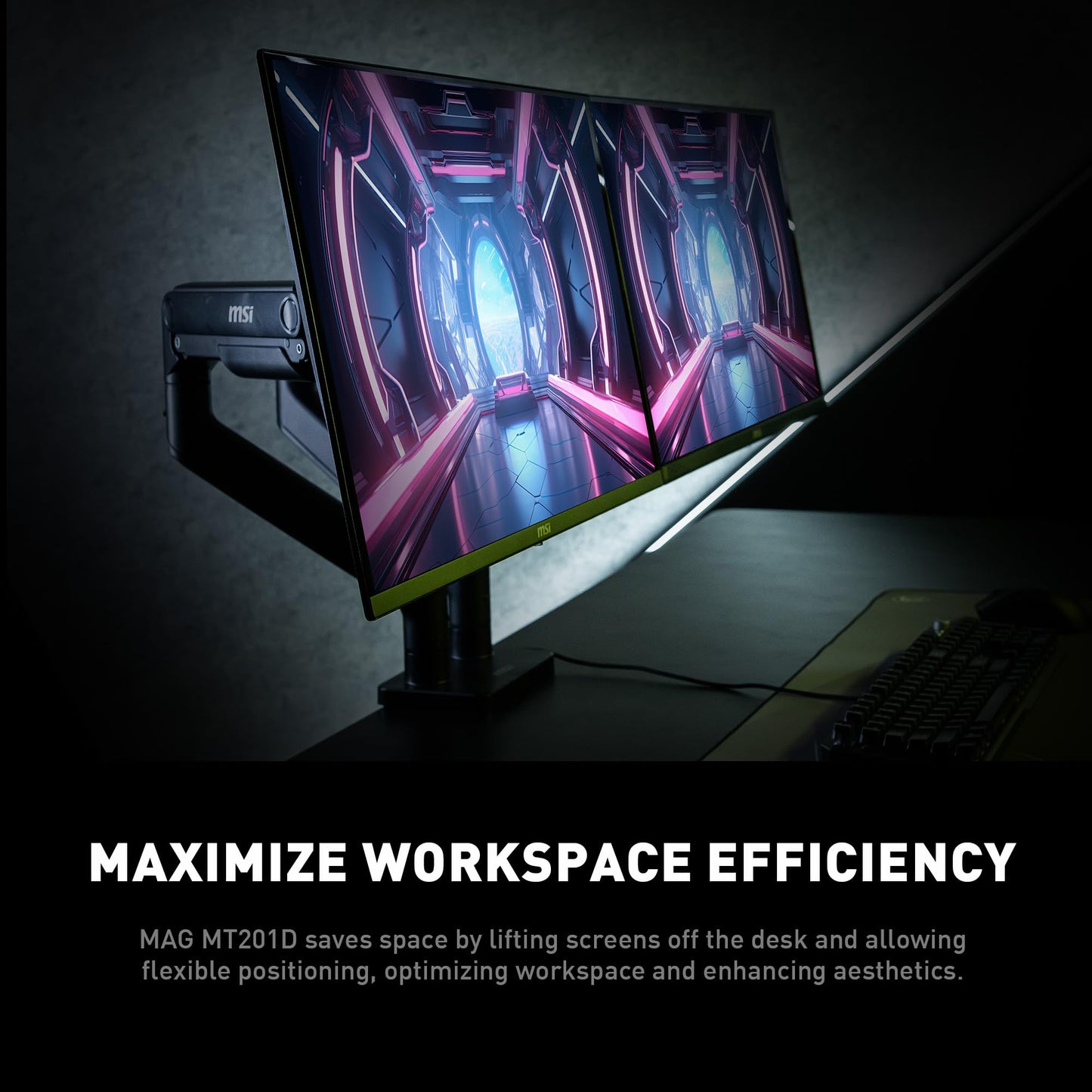 MSI MAG MT201D - Premium Heavy Duty Dual Monitor Stand Arms, 17-45" Support, VESA Compatible, Adjustable Spring Mount, 44 lbs per Screen, Clamp &