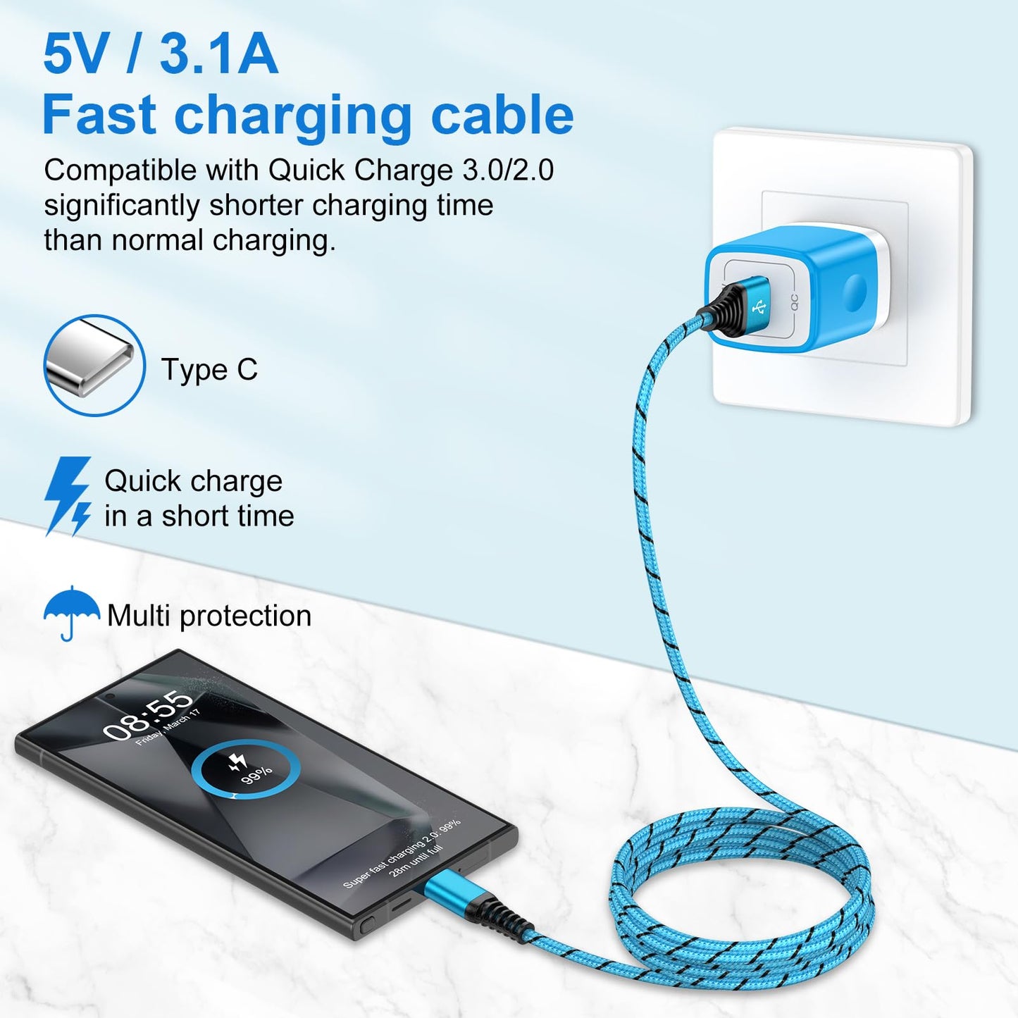 USB to USB C Cable Car Carplay Cable for iPhone 17 17 Pro Air 17 Pro Max 16e 16 15 Plus Car Charger Cord, 2Pack 3FT USB A to USB C 3.1A Fast Charging