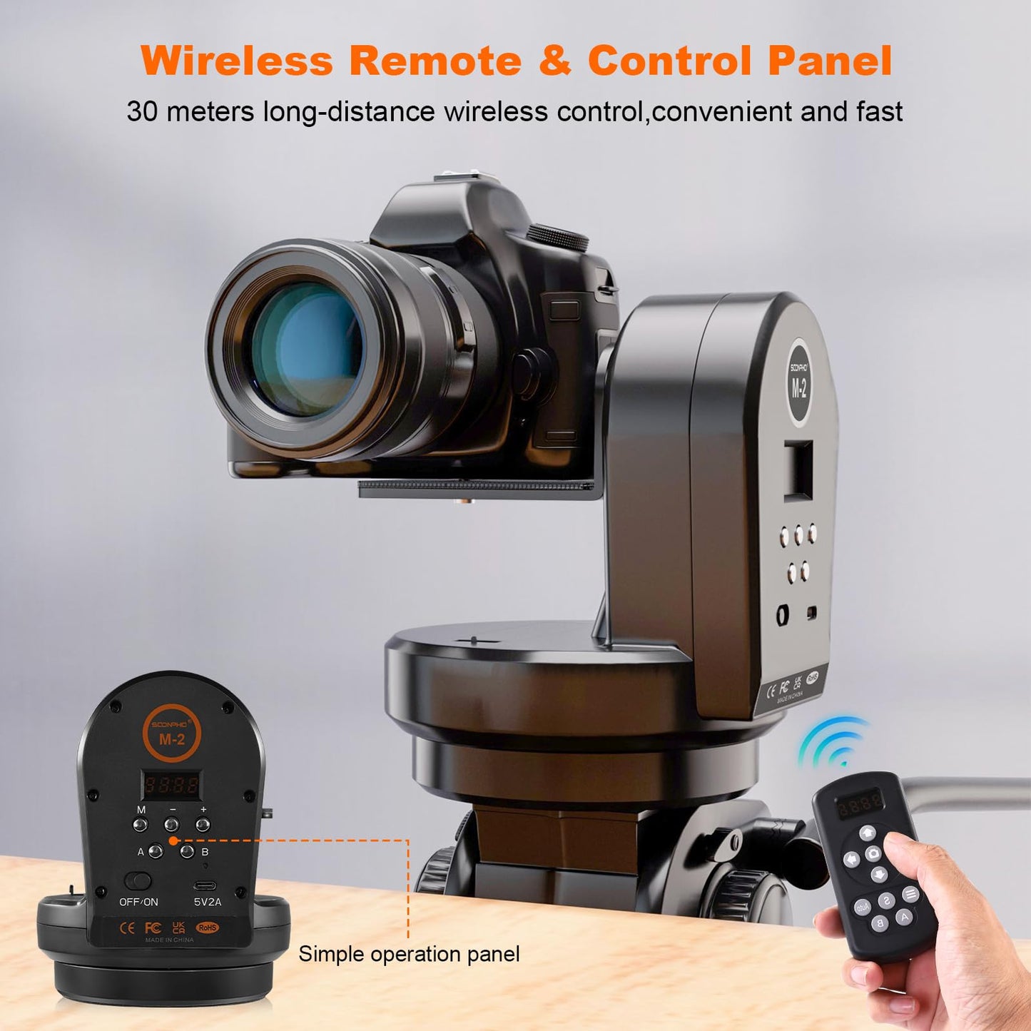 Soonpho M2 Motorized Rotating Panoramic Tripod Head, Remote Control Pan Tilt Head with Remote Control and Mobile Phone Clip for DSLR Cameras