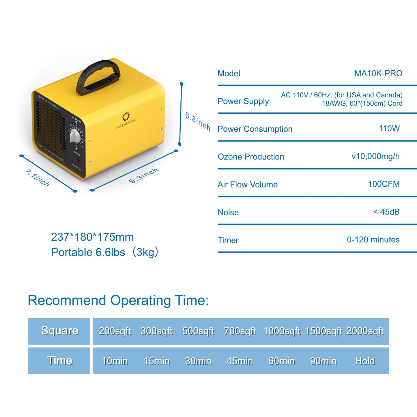 Airthereal MA10K-PRO Ozone Generator, 3500 Sq Ft, Yellow