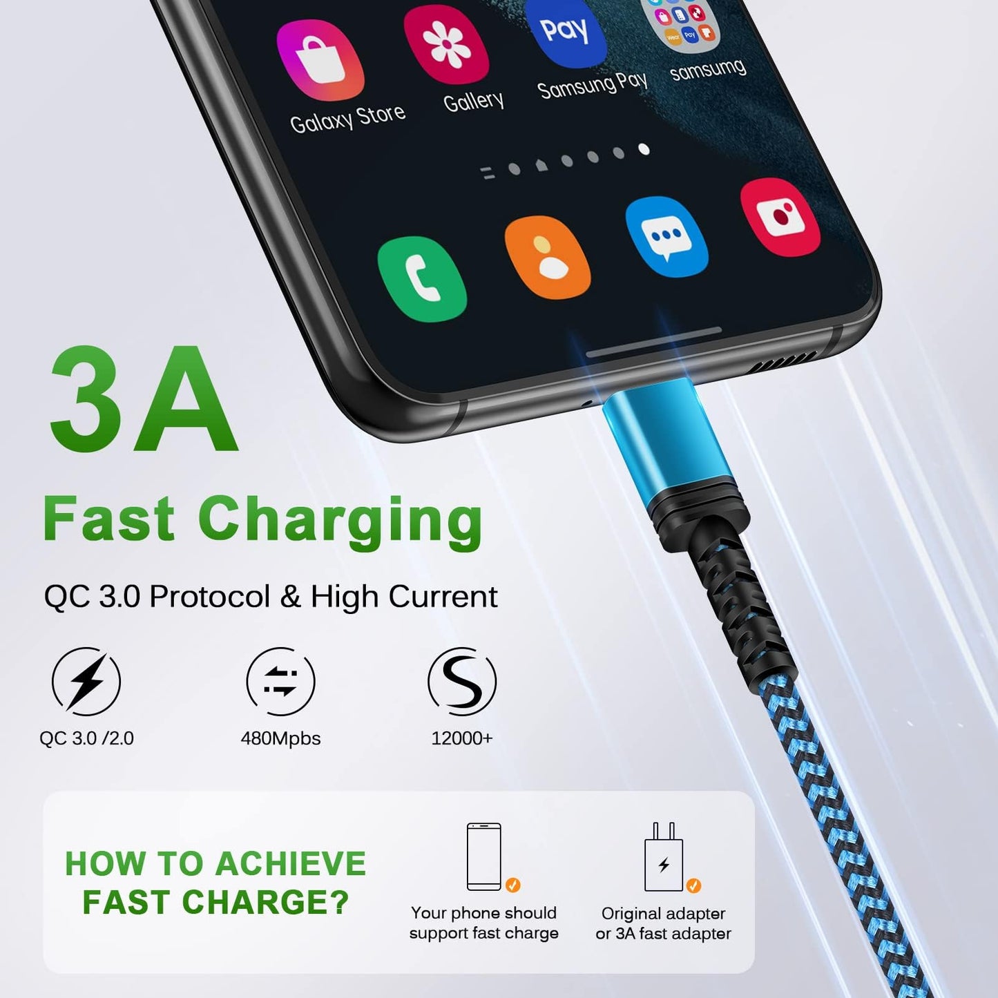 Type C Charger Cable 3 Pack-10ft 6ft 3ft for Samsung Galaxy A15 5G,A17,A16,A56,S25 Ultra,Z Flip7 6,Z Fold7