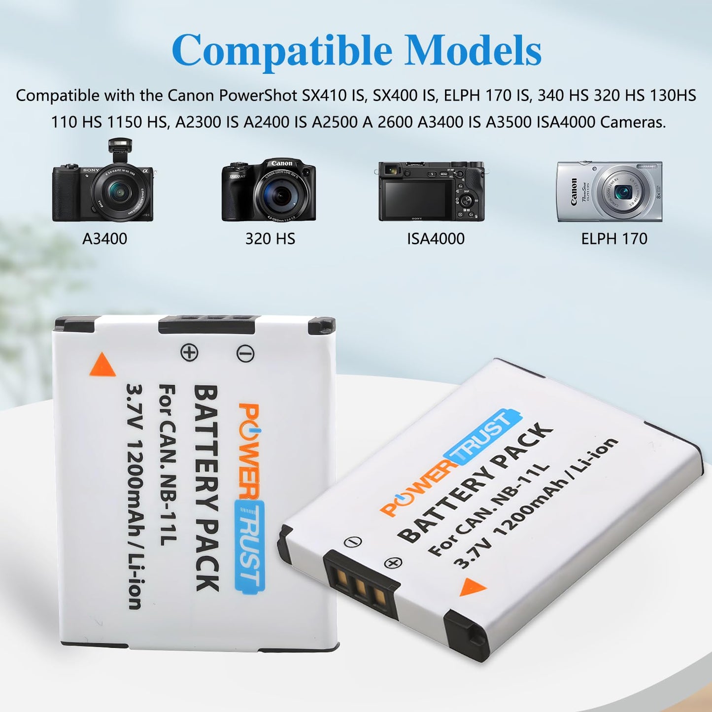 PowerTrust 2 Pack 3.7v NB-11L Replacement Battery and NB-11LH LCD USB Charger for Canon PowerShot A2300 IS, A2400 IS, A2500, A2600, A3400 IS, A3500