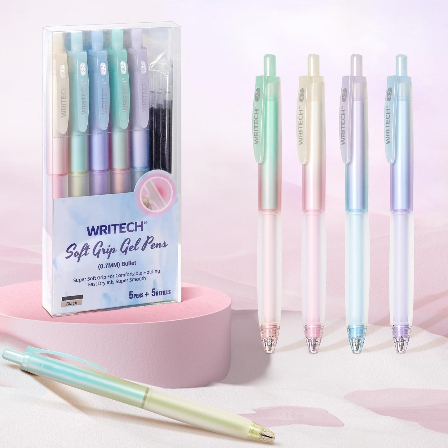 WRITECH Retractable Gel Ink Pens: 0.5mm Black-Ink Aesthetic Gradient Color Barrel Soft Grip Fine Point Pen 8ct for Journaling Note Taking Sketching No