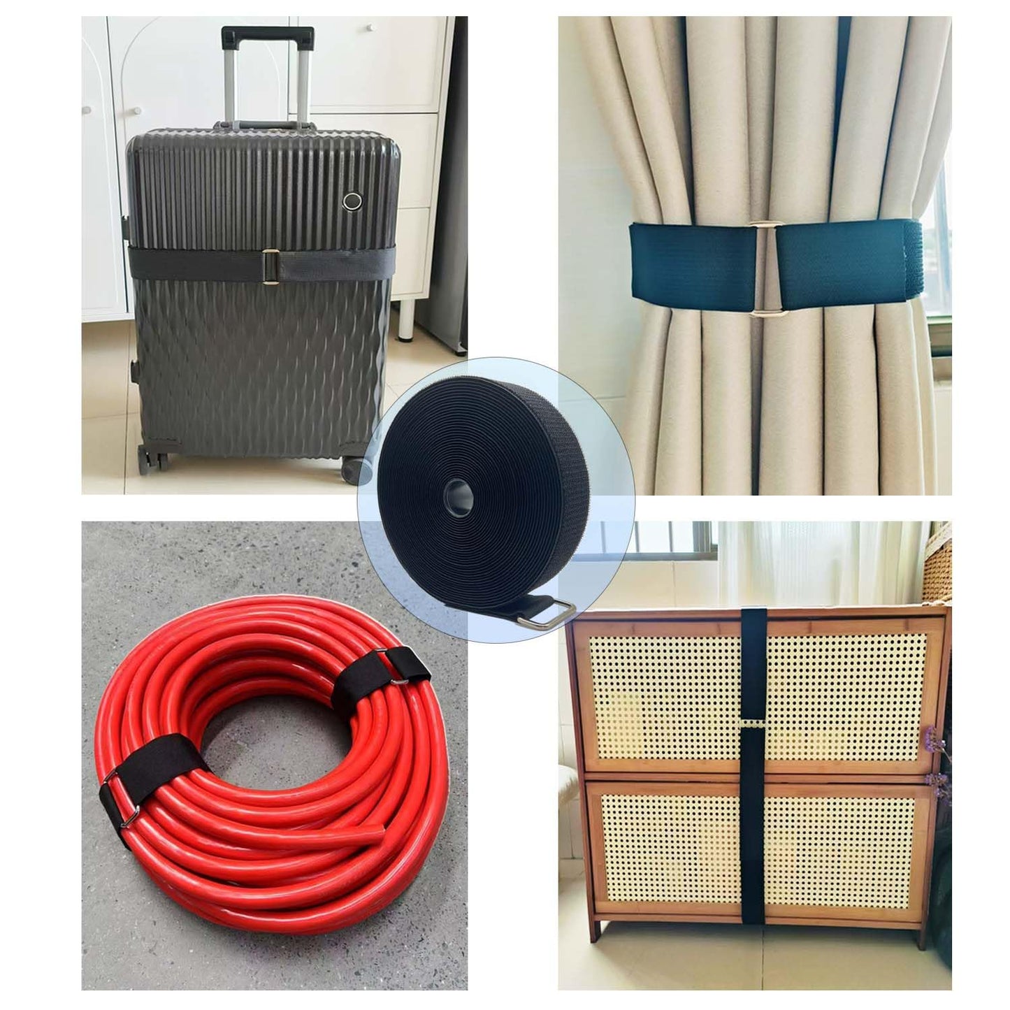 Wide 2" ×16 Ft Long Hook and Loop Cable Straps with 12 Heavy Metal Buckles, Adjustable Nylon Tie Down Straps,Free Cut Length and Width, Reusable
