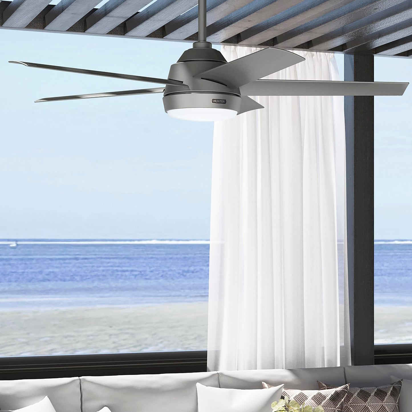 Hunter Fan 52 Inch Matte Silver Indoor/Outdoor Ceiling Fan with Lights for Farmhouse, Patio, Bedroom, Living Room, Office, Basement, Kitchen