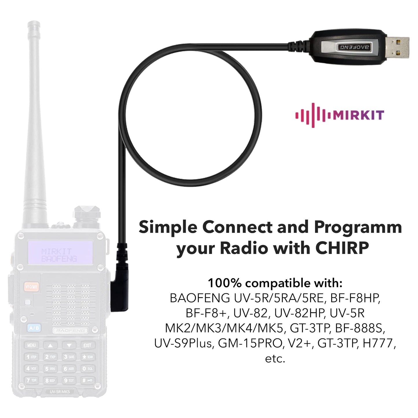 MIRKIT Baofeng Programming Cable for Two Way ham Portable radios: UV-5R, 5RA, 5R Plus, 5RE, UV-82, BF-F8HP, UV3R Plus, BF-888S, 5R EX, 5RX3, GA-2S