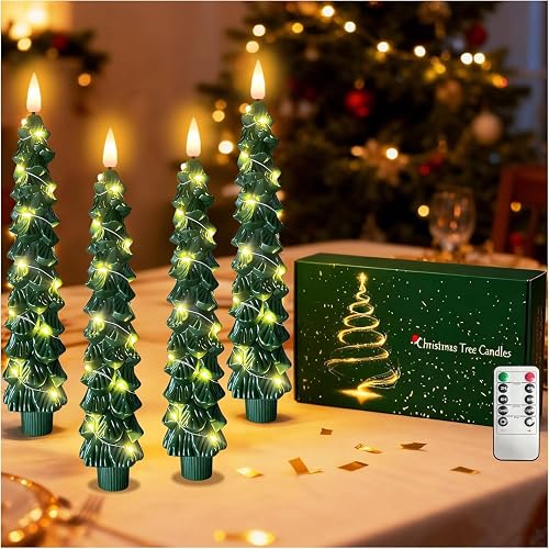 QVAIVE Christmas Tree Candles, Flameless Taper Candles with Remote & String Lights, 4 Pcs Battery Operated LED Green Christmas Candlesticks