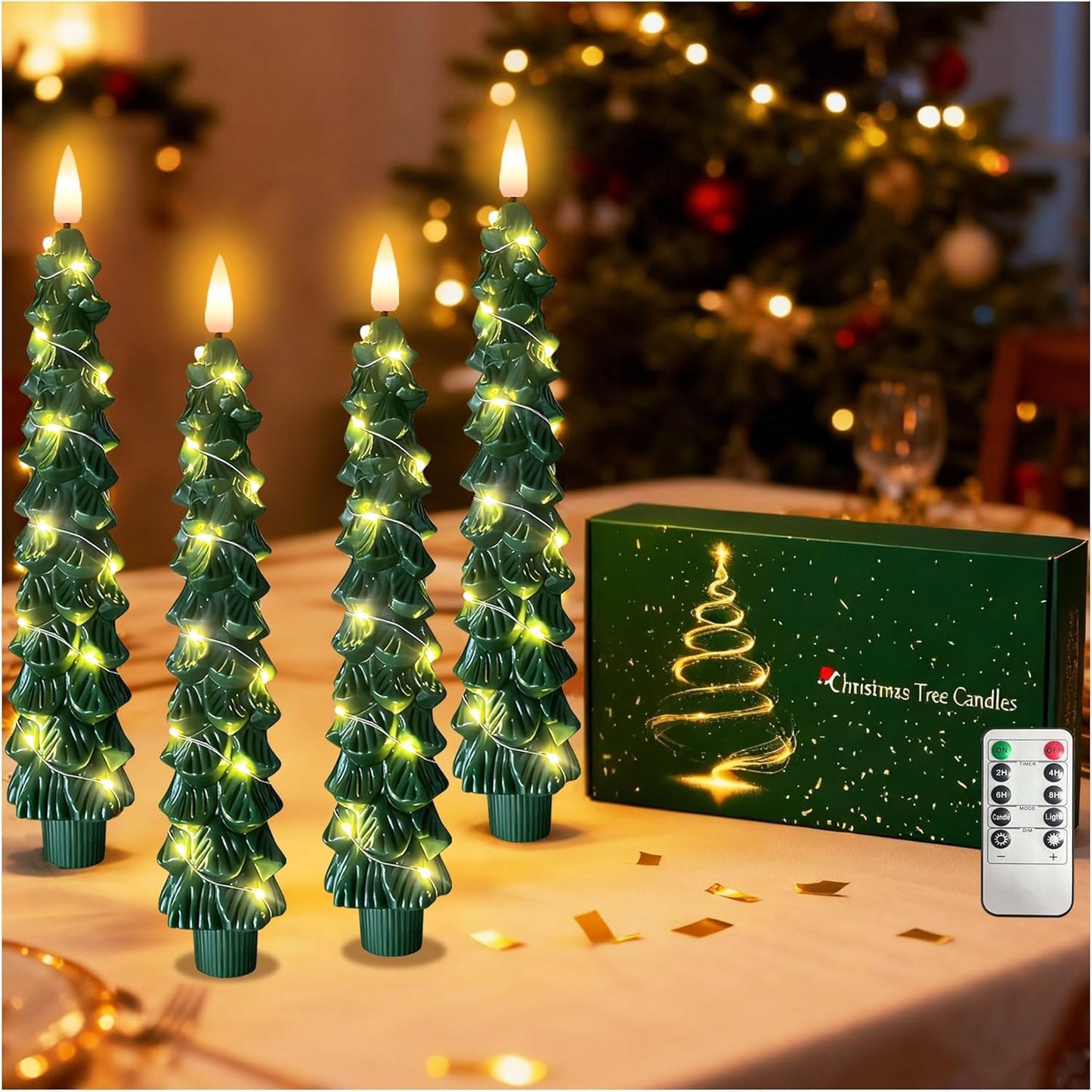 QVAIVE Christmas Tree Candles, Flameless Taper Candles with Remote & String Lights, 4 Pcs Battery Operated LED Green Christmas Candlesticks