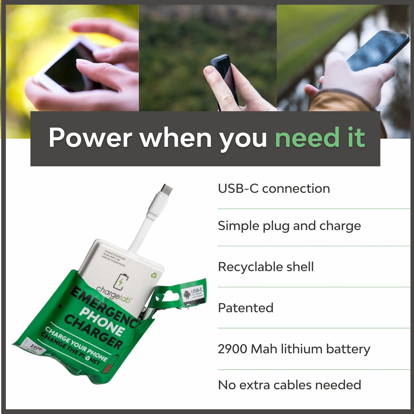 ChargeTab Emergency Portable USB-C Charger - Pre-Charged 3000mAh, Slim & Light, Up to 2-Year Shelf, Compatible w/iPhone 15/16 & Android USB-C Devices