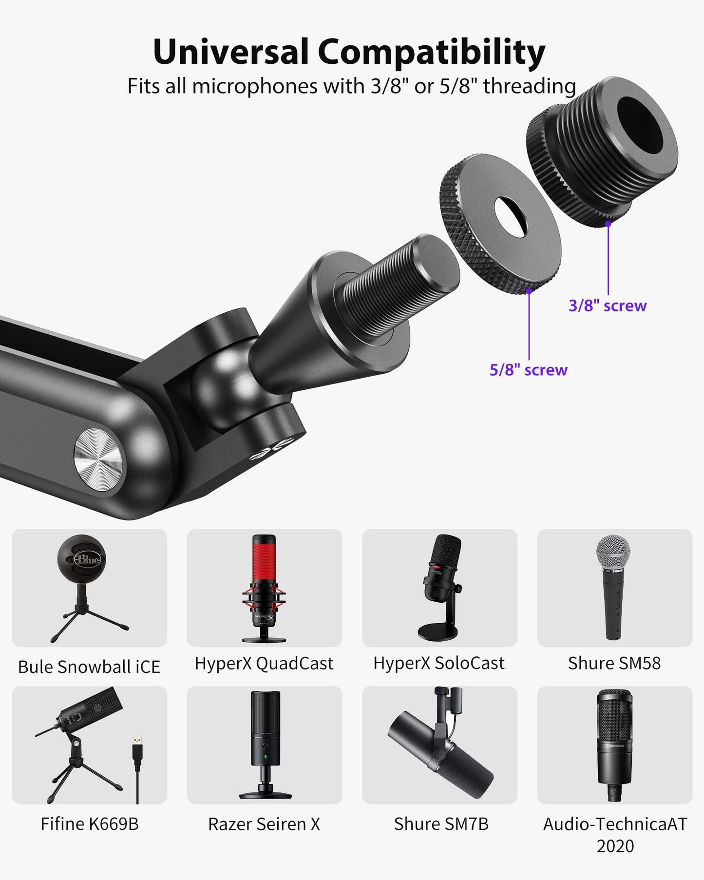 KU XIU Aluminum Alloy Boom Arm Microphone Stand for Desk, Three-Section Adjustable Mic Arm Mount with Cable Management Channels for Desktop