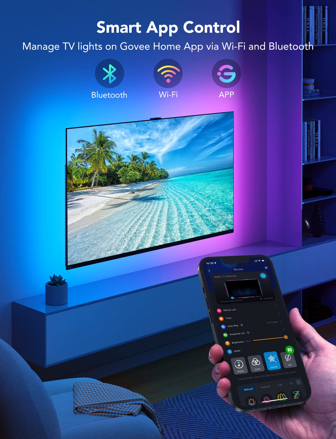 Govee TV LED Backlight, RGBIC Smart LED Strip Lights for 55-65 Inch TVs, Bluetooth and Wi-Fi APP Control, Works with Alexa & Google Assistant, Music