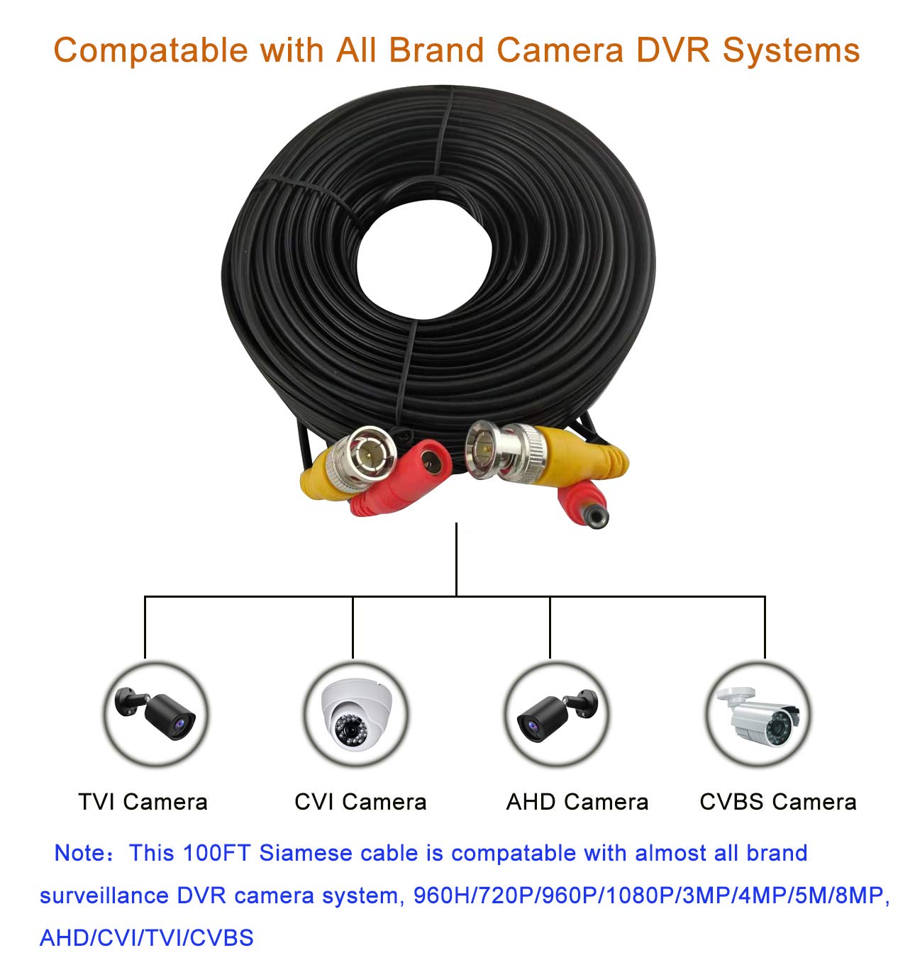 BNC Cable Video Power All-in-One Extension Cable 60FT CCTV Camera Wire with BNC RCA Connectors for Security Camera Systems, Black, CB60