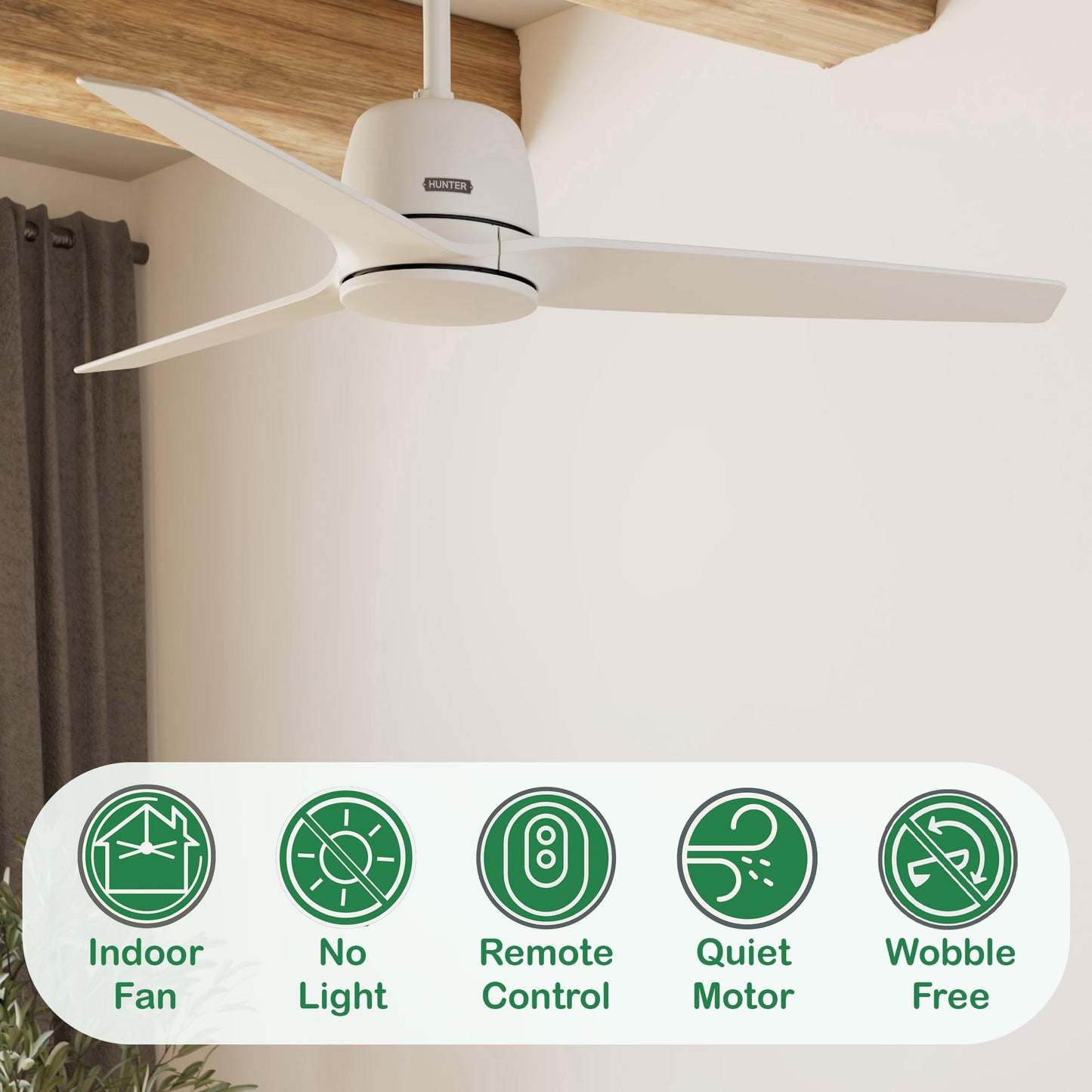 Hunter Fan 52 inch Indoor Ceiling Fan with No Light, White Ceiling Fan with Remote, For Bedroom, Office, Kitchen, Living Room, 3 Blades (Renewed)