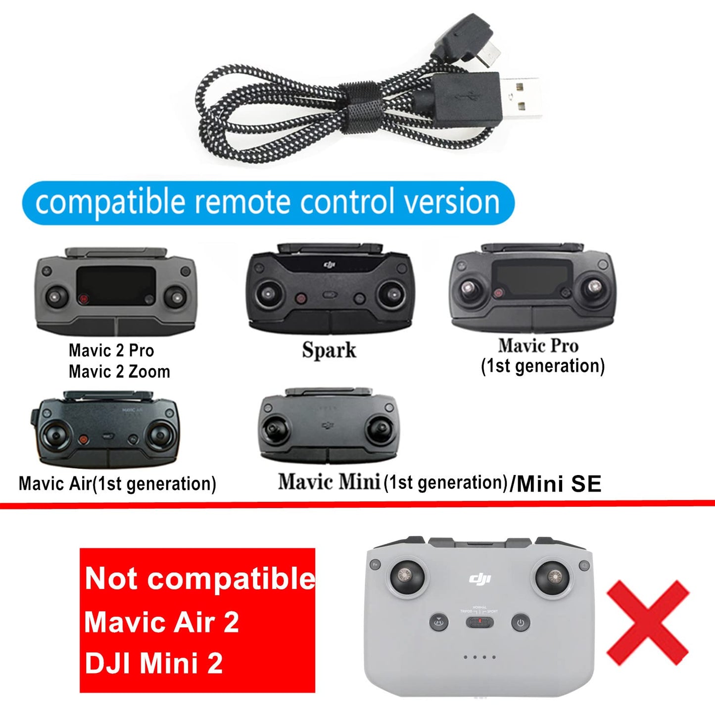 Hanatora Remote Controller USB Charging Cable Cord for DJI Mavic 2 Pro Zoom,Mavic Mini,SE,Mavic Pro,Air,Spark Drone,Nylon Braided Control Accessories