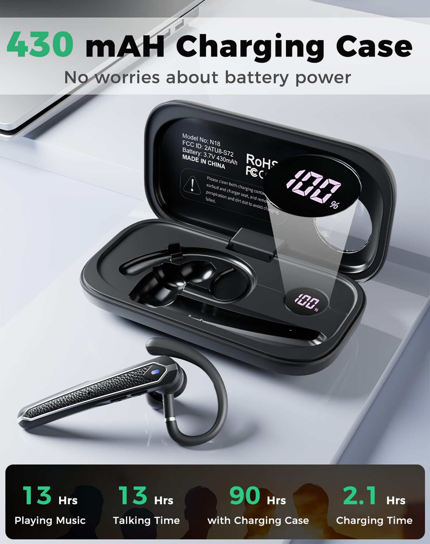 Bluetooth Headset, Wireless Bluetooth Earpiece with USB Dongle and Charging Case 100 Hours Talking Time Built-in Microphone for iOS Android Cell