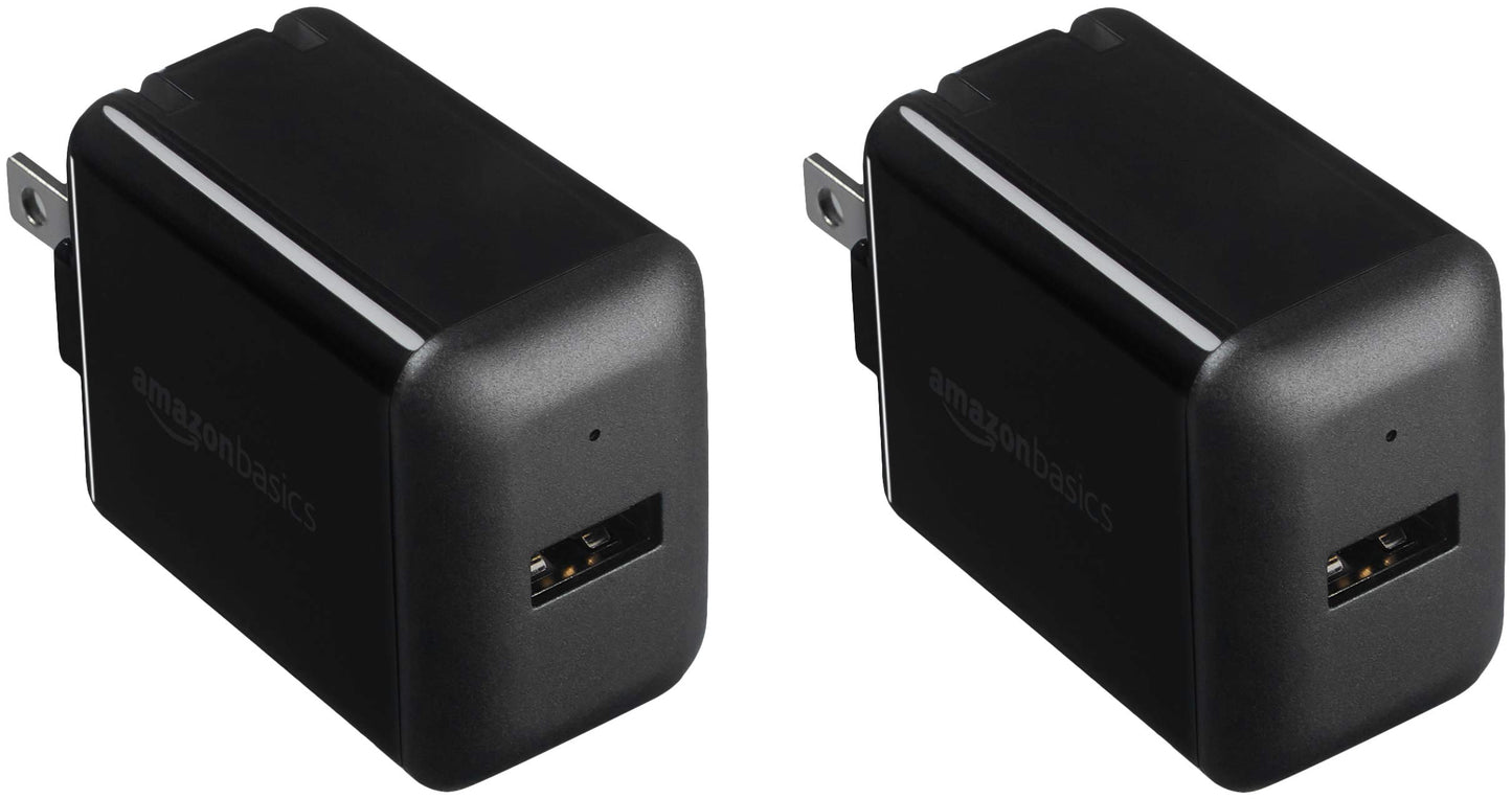 Amazon Basics 12W One Port USB-A Portable Wall Charger (2.4A) for Phones (iPhone 16/15/14/13/12/11/X, Samsung, and more), 2-Pack, Black