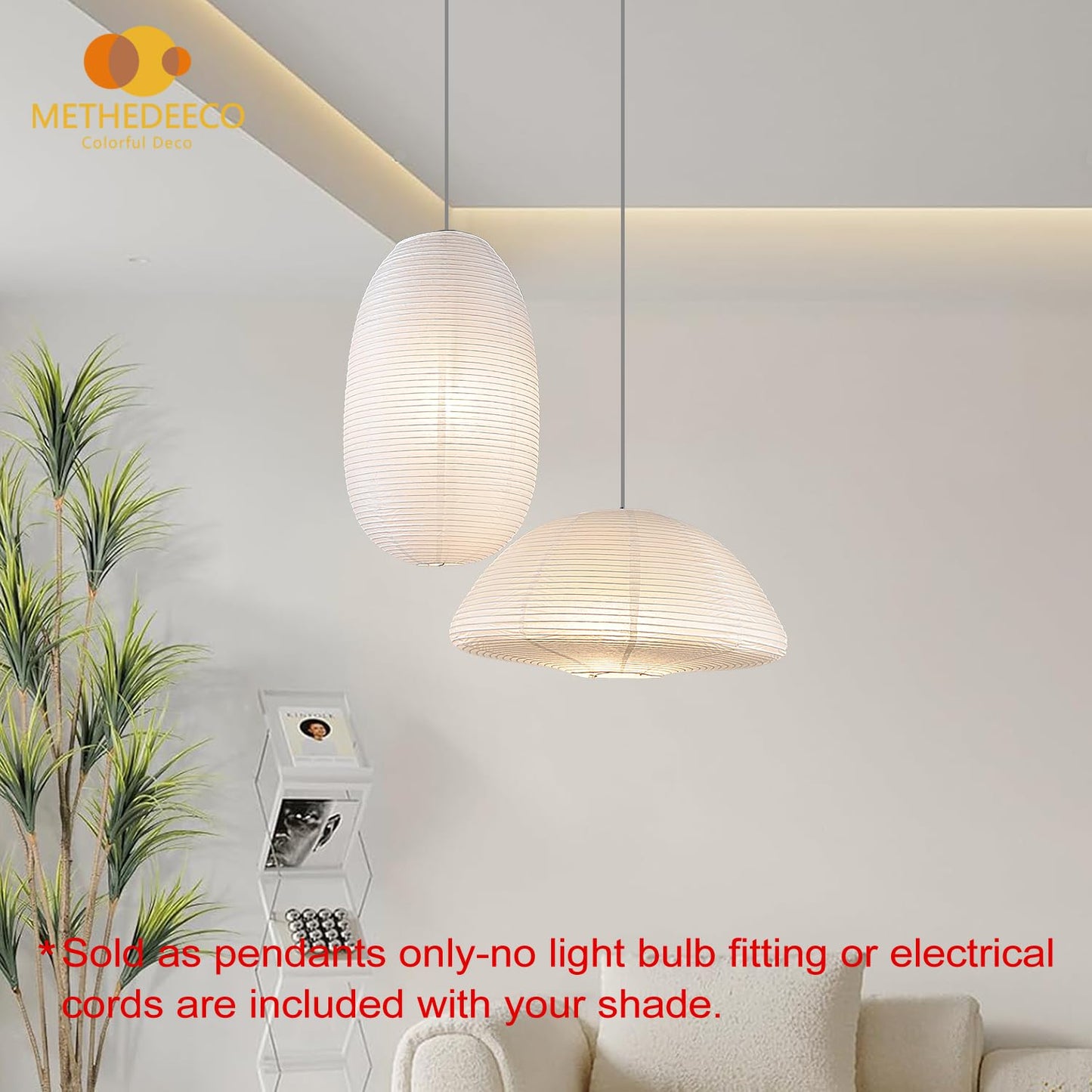 METHEDEECO Set of 2 Rice Paper Pendant Light Shades, Large Japanese Minimalist Hanging Lamp Shades for Dining Room Bedroom Living Room, Decorative