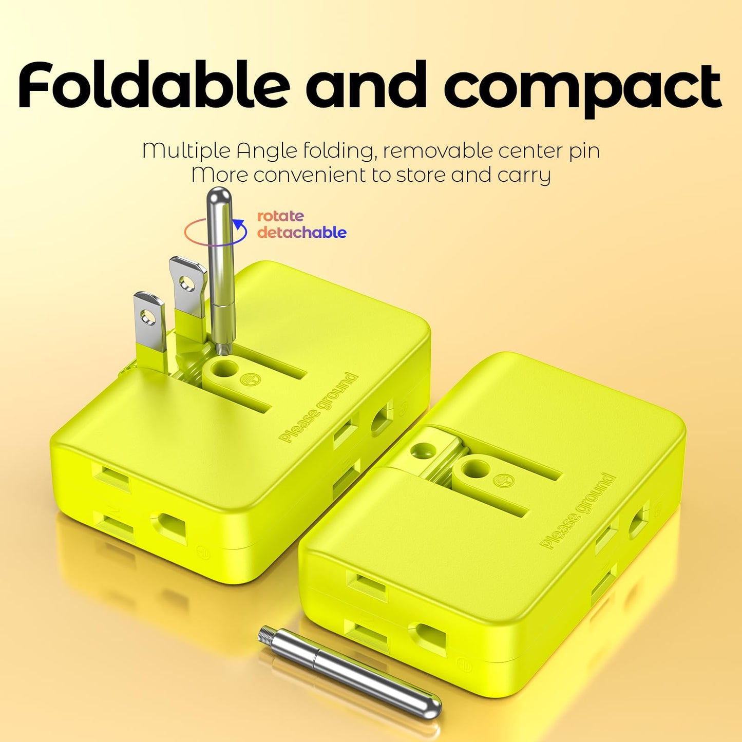 2 Pack Plug Splitter - 3 Prong Wall Adapter with 2 to 3 Prong Outlet Converter, Safe & Space-Saving Plug Extender, Yellow