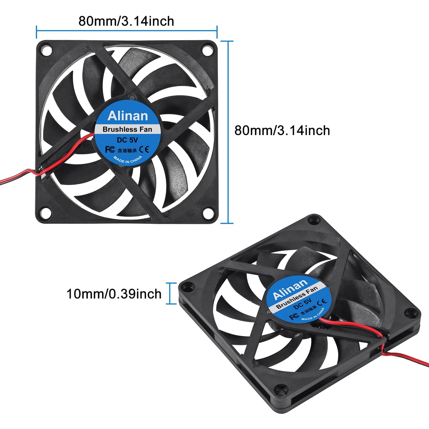 Alinan 4pcs 8010 5V Fan 80x80x10mm 2-pin Sleeve Bearing Brushless DC Cooling 3D Printer Cooling Computer Fan