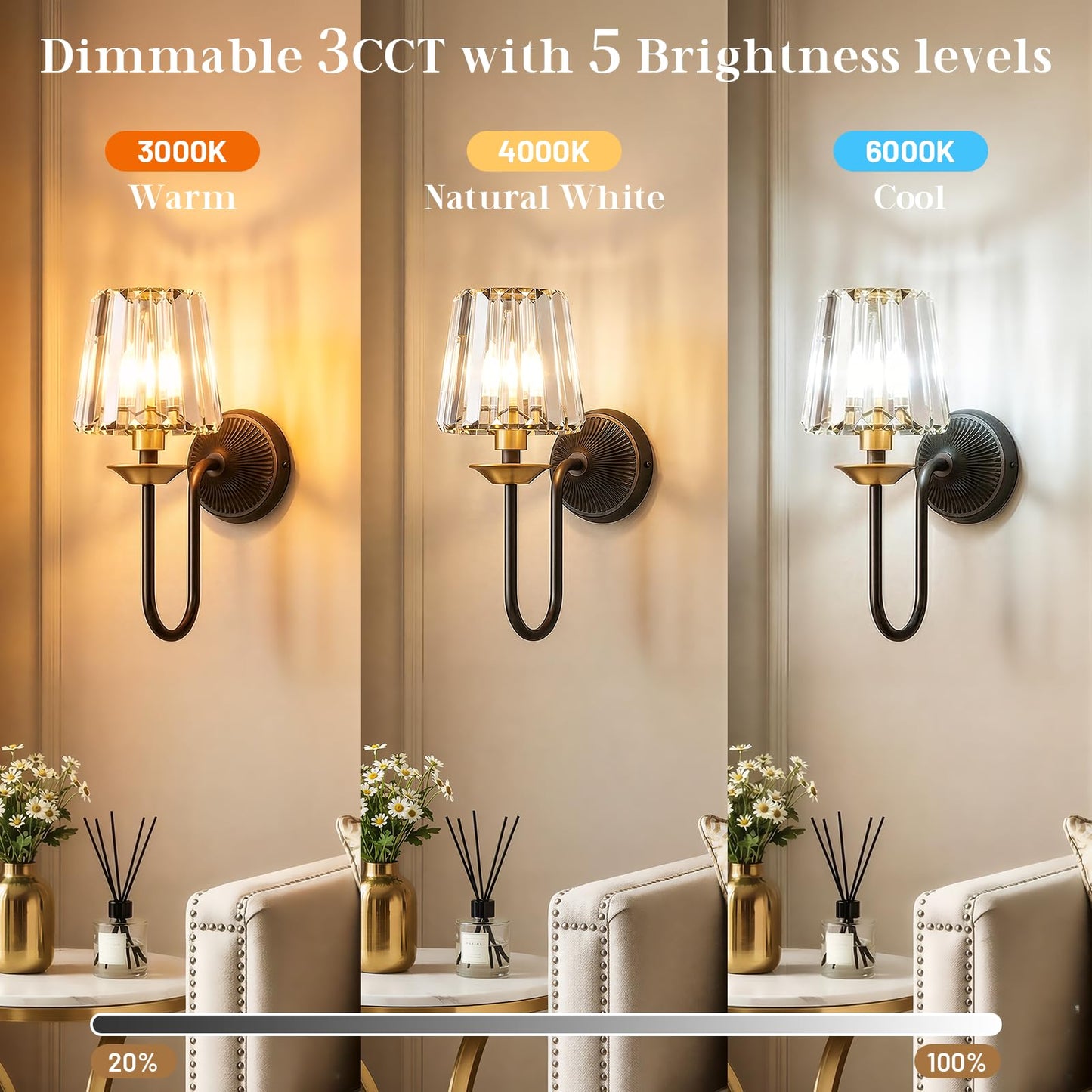 KernLite Black and Gold Battery Operated Wall Sconces Set of Two, Crystal Wireless Rechargeable Wall Lights with Remote, Dimmable 3 CCT and 12 RGB