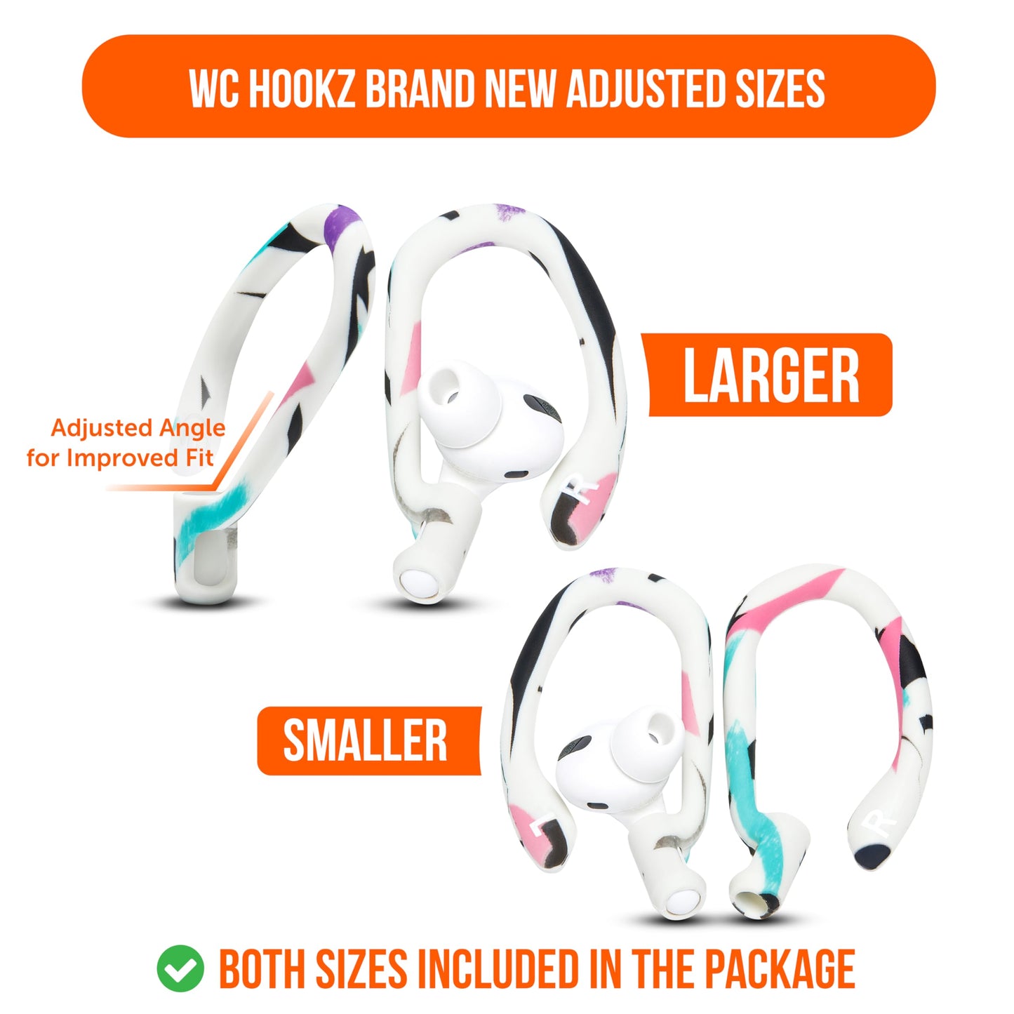 WC HookZ - Patented Upgraded Over Ear Hooks for AirPods Pro 1, 2 & AirPods 1, 2 & 3- Two Size Pairs Included in Package, Unique Left & Right Hook