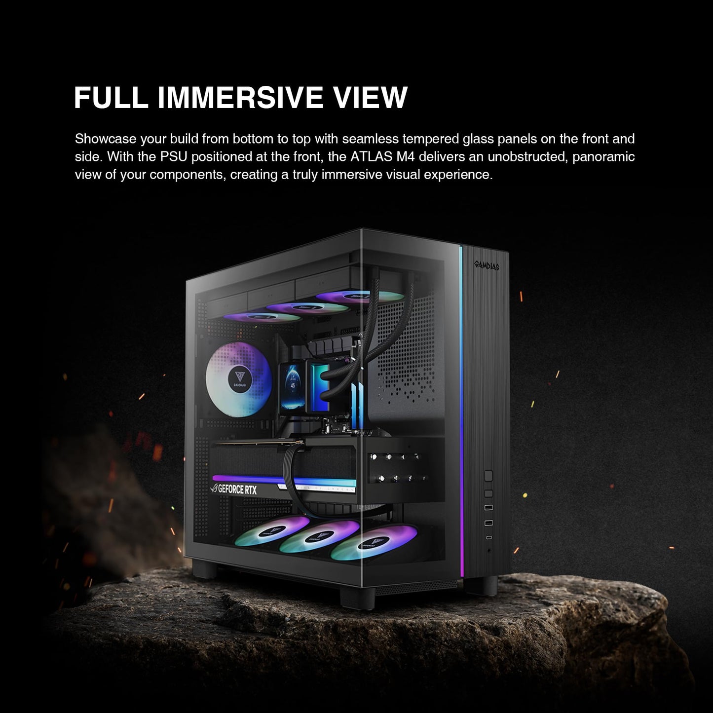 Gamdias Atlas M4 Mid-Tower Gaming PC Case, Mini-ITX, Micro-ATX, and ATX, 4x120mm PWM ARGB Fans, Adjustable Angle Lower Fan Mount, Front-Mounted PSU