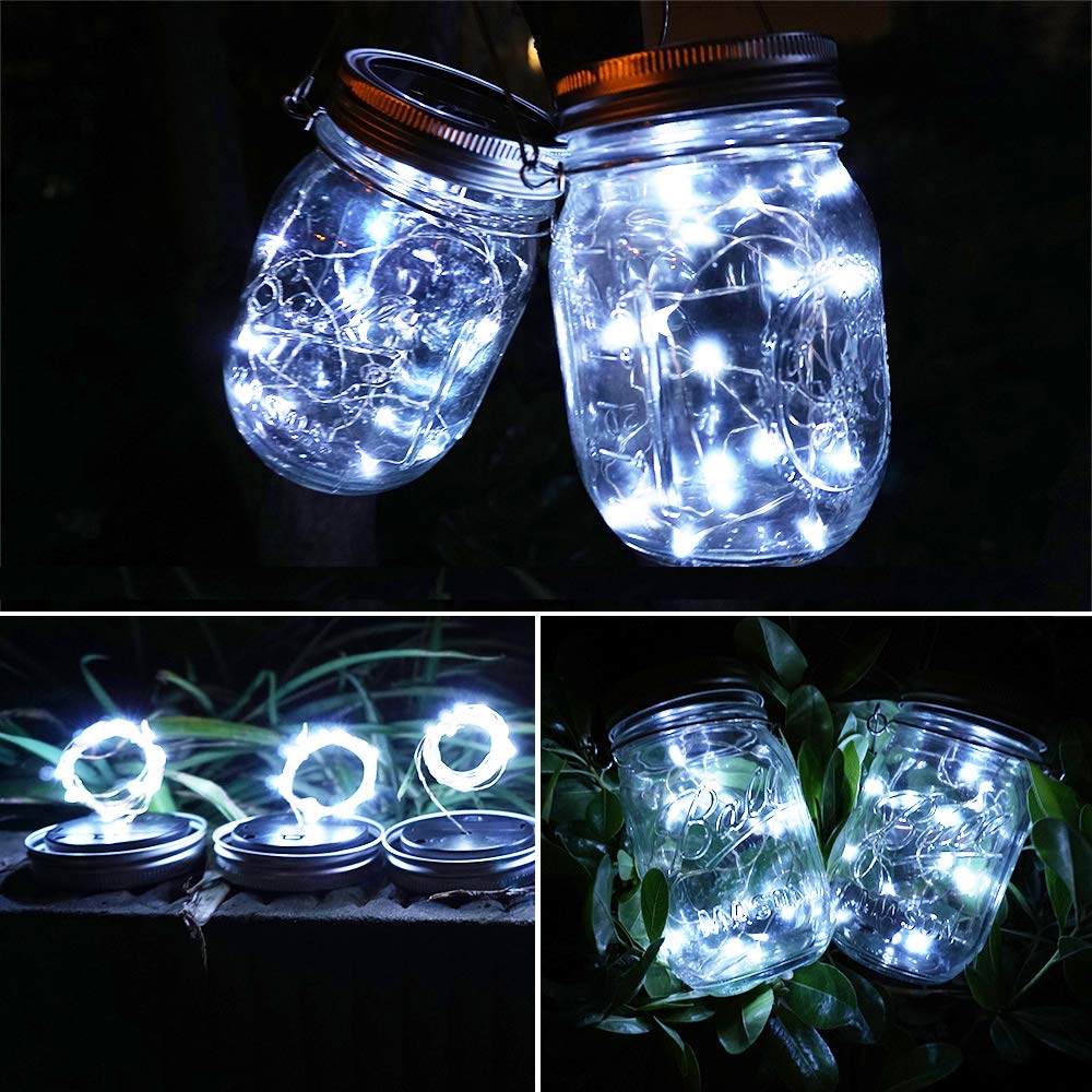 Solar Mason Jar Lights, 8 Pack 15 LED Waterproof Fairy Firefly Jar Lids String Lights with Hangers(NO Jars), Patio Yard Garden Wedding Easter