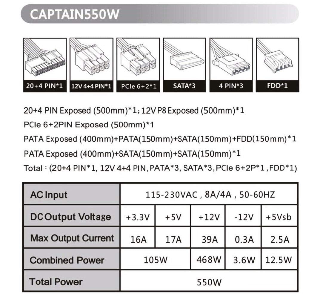 Apevia CAPTAIN550 ATX 550W Power Supply
