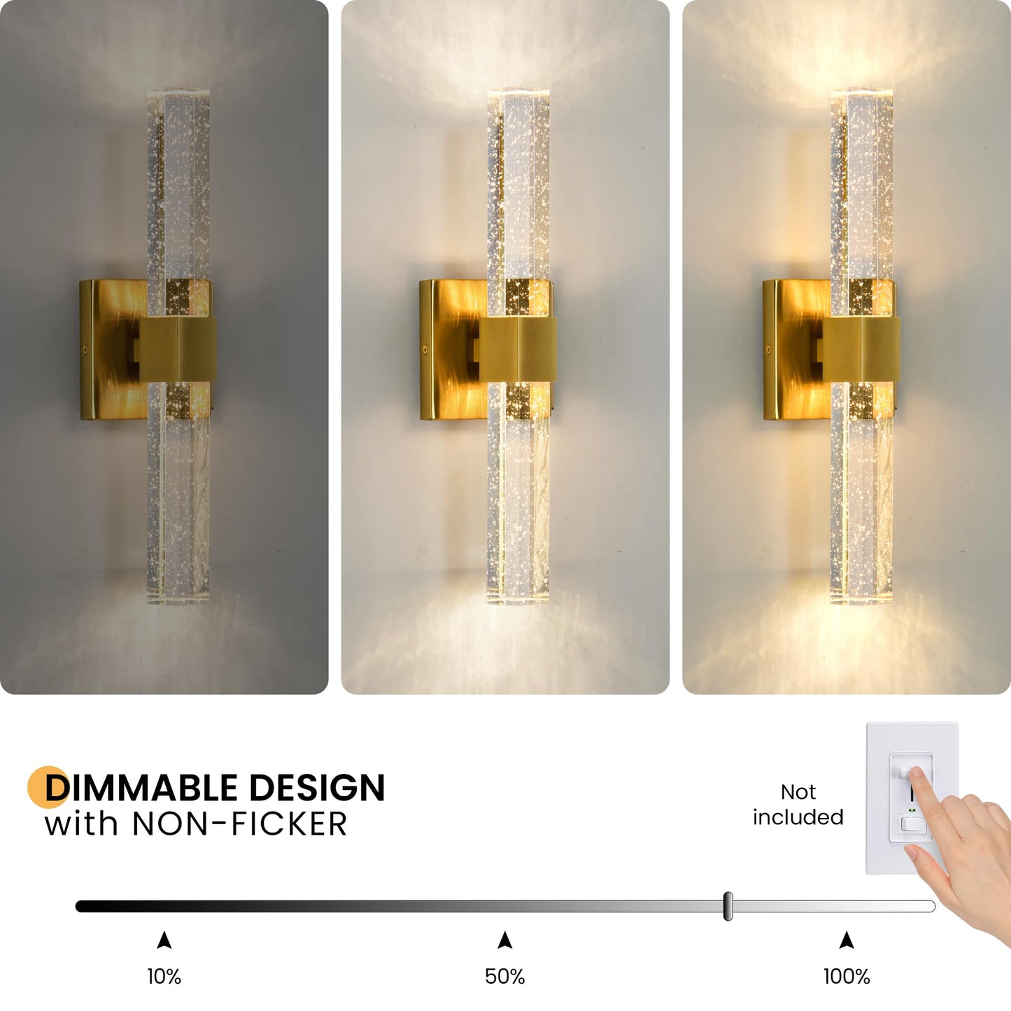 Epinl Gold Wall Sconces Set of Two - Bathroom Sconces Wall Lighting 14W Dimmable LED Crystal Wall Light with Bubble Glass 15.7inch Indoor Vanity