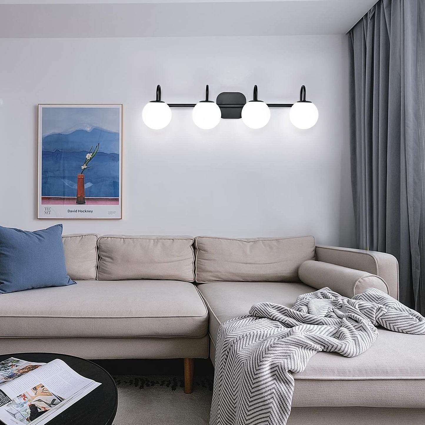 ZHUOER Vintage Bathroom Light Fixtures 4-Lights Black Mid Century Vanity Lights with Milk White Glass Globe Shade Vintage Wall Sconces Lighting Bath