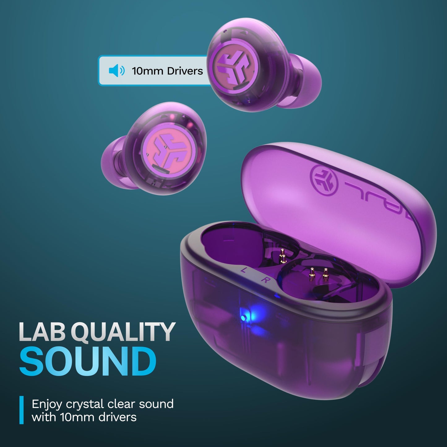 JLab Go Pop ANC, True Wireless Earbuds, Active Noise Cancelling, Transparent Purple