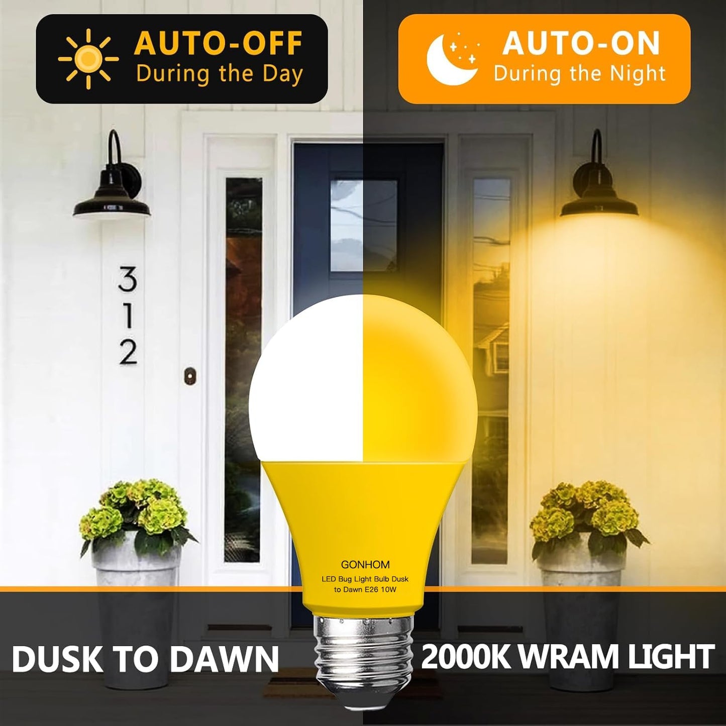 Gonhom Dusk to Dawn Bug Light Bulb Outdoor,4 Pack Amber Bug Light Bulb,Auto On/Off,10W(100W Equivalent),E26 Base,Bug Lights for Outside.Home Hallway