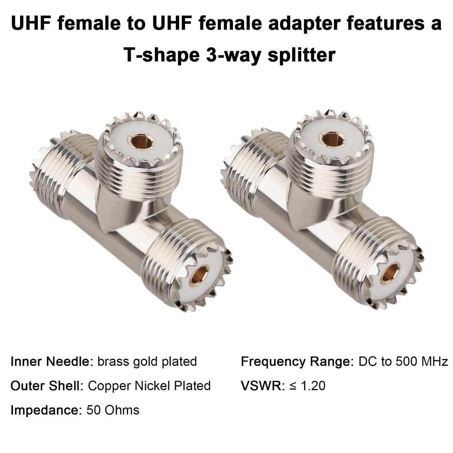 2-Pack UHF Female to UHF Female RF Coaxial Adapter, T-Shape 3-Way Splitter Connector for CB Radios, Antennas, and Signal Distribution Applications