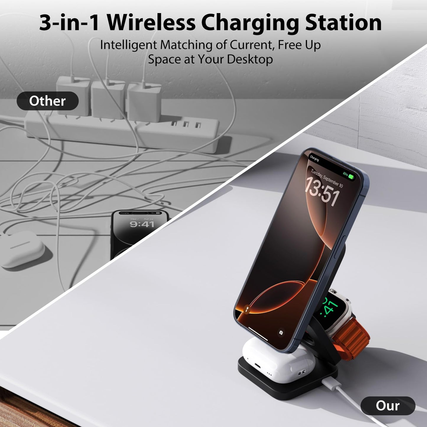 KU XIU X55 Foldable 3 in 1 Charging Station for Apple Devices, 15W Fast Magnetic Wireless Charger, Magent Travel Charger Stand for iPhone 16 15 14 13