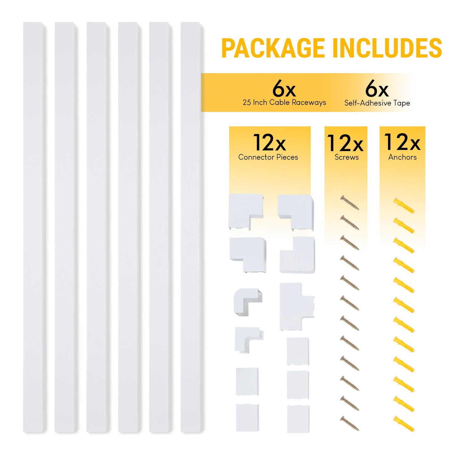 150in Cord Hider Kit - 6-Pack 25in Cable Management for Wall-Mounted TV or Computer Cables - Paintable Wire Covers for Cords by Simple Cord (White)
