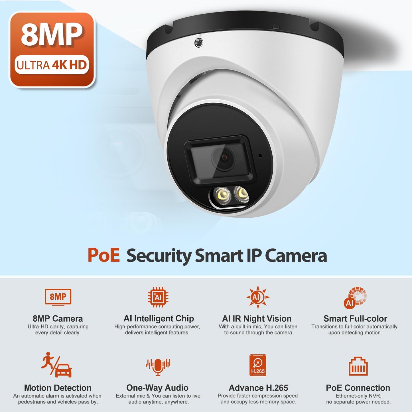 MWRCTV 4K 8MP Security Audio Dome Camera Smart Dual Lights PoE Turret IP Camera Outdoor Indoor,2.8mm Wide Angle Lens,AI Human Detection,Color Night