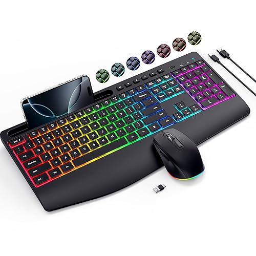 Wireless Keyboard and Mouse Combo- VEILZOR 2.4G Rechargeable Keyboard with Phone Holder, Ergonomic Wrist Rest, 9 RGB Backlit Effects, Silent Keyboard