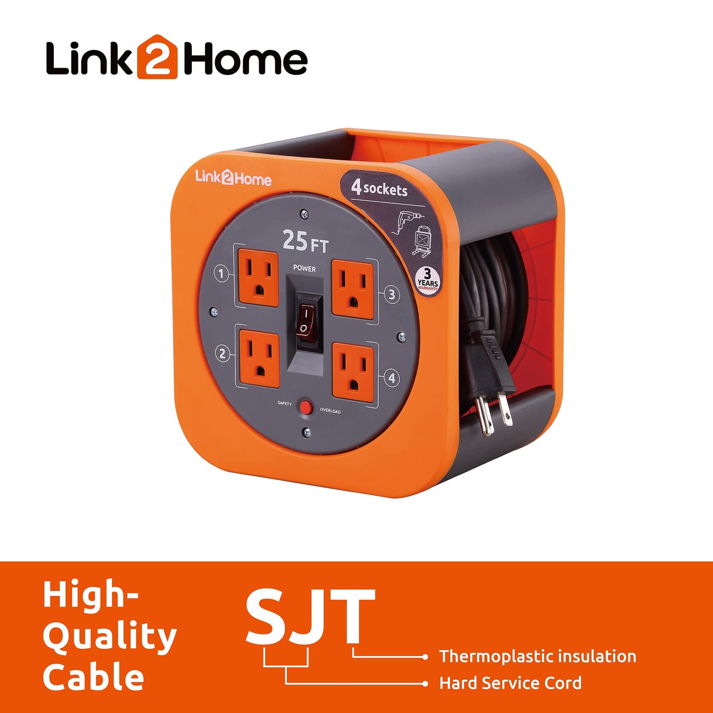 Link2Home Cord Reel 25 ft. Extension Cord 4 Power Outlets - 16 AWG SJT Cable.