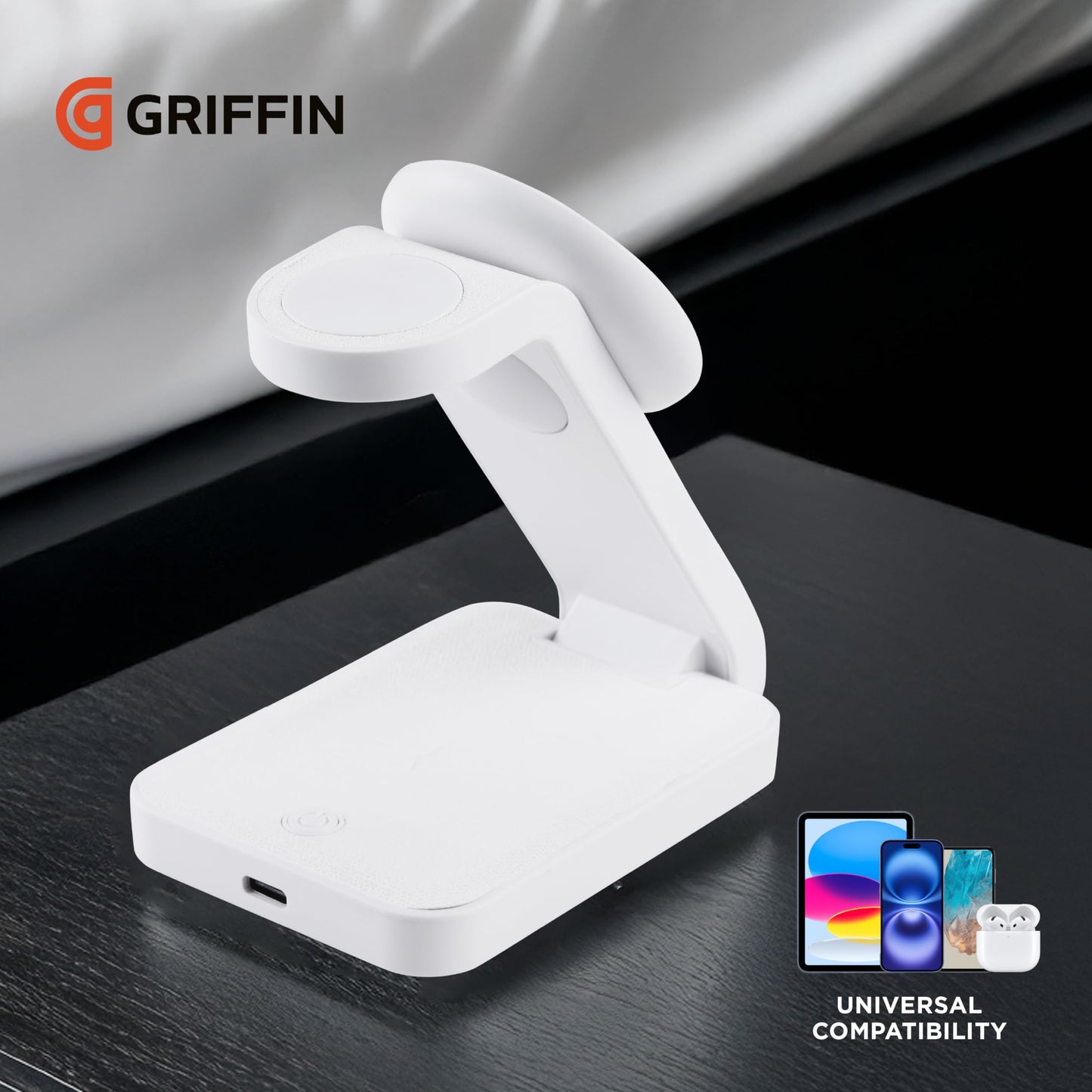 Griffin - 4-in-1 Wireless Charger Stand, Magnetic Wireless Station with 15W Fast Phone Charger, 3W Headphone and 2W Smartwatch Charging, with Night
